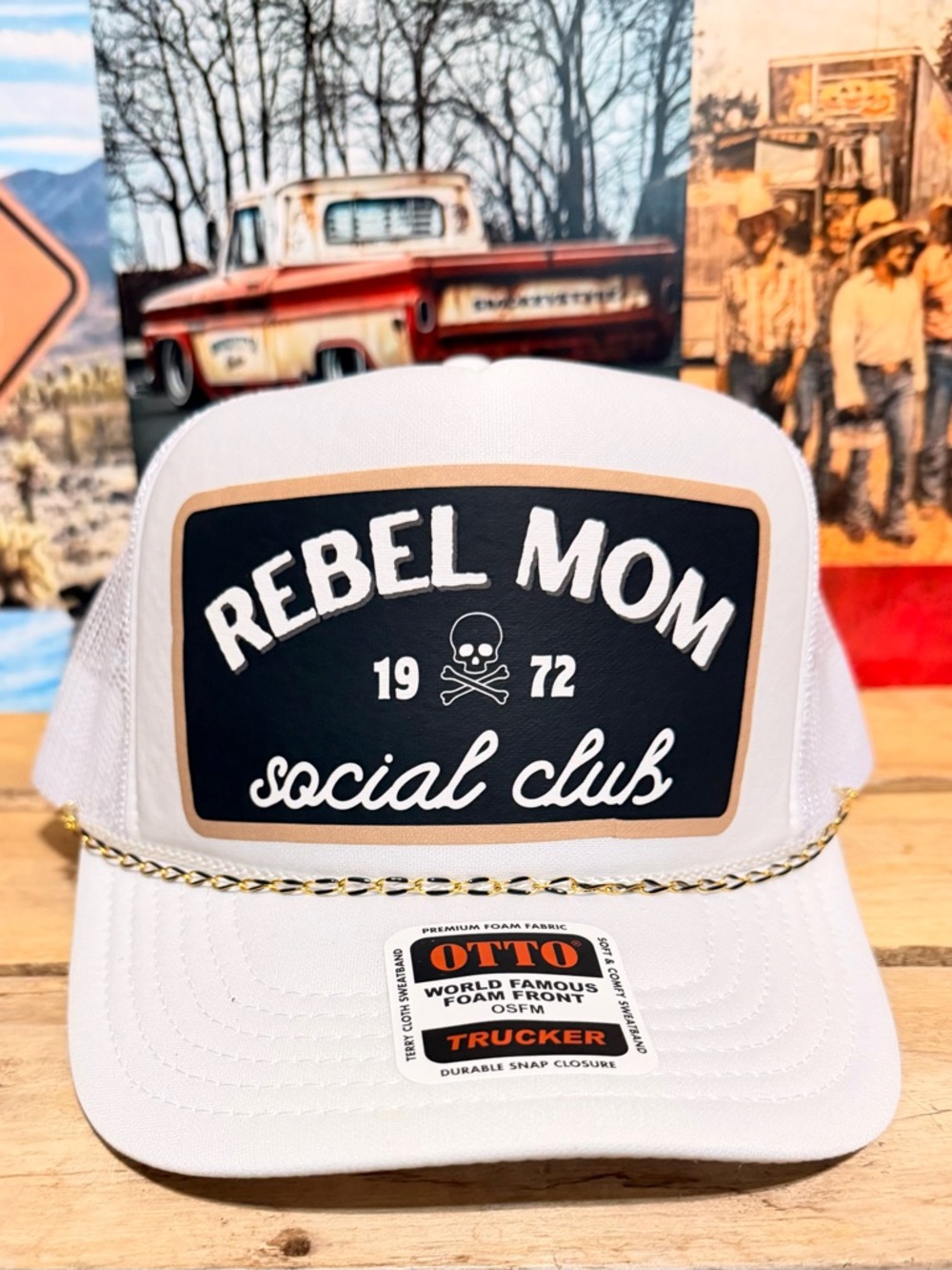 OTTO White Trucker Hat with Rebel Mom print